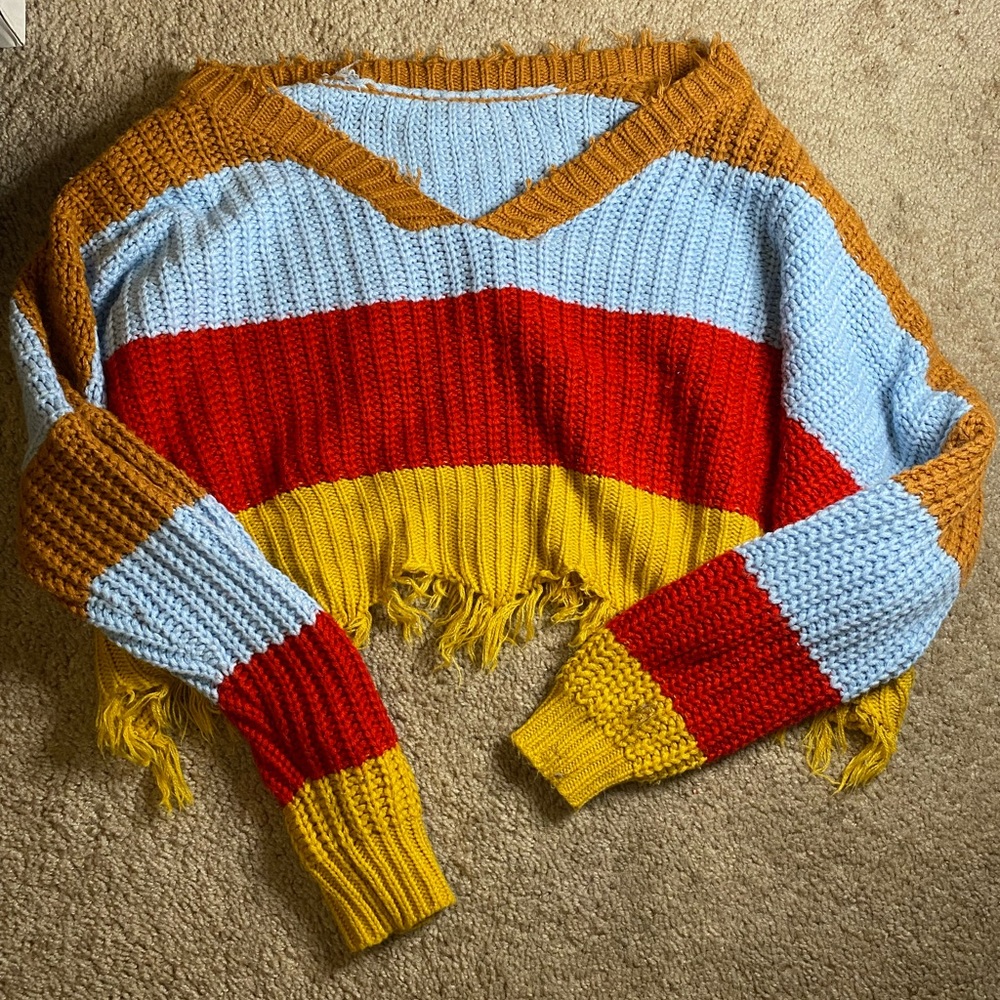 Frayed Stripped Multicolored Knitted Sweater